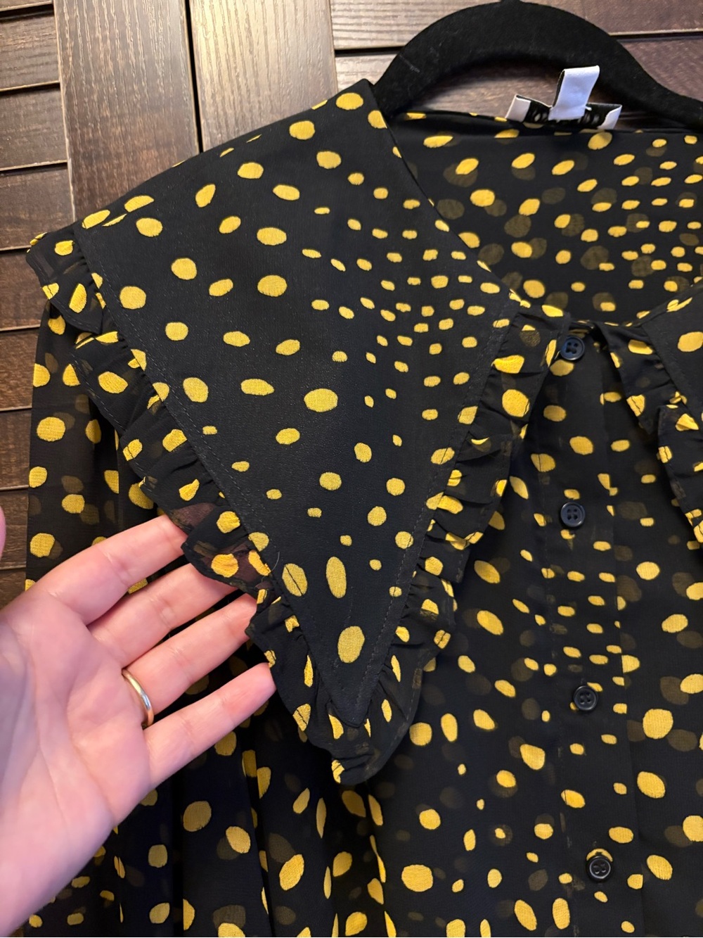 Topshop Black and Yellow Polka Dot Blouse with ruffle collar